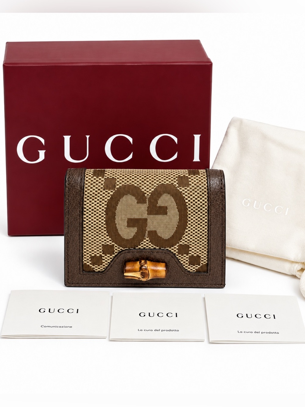 Gucci Diana Jumbo GG Card Case Wallet Camel Ebony Bamboo 658244